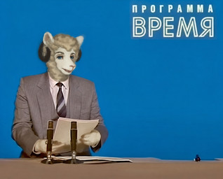 accessory anthro blue_eyes clothing dialogue ears_up electronics eyebrows fur horn looking_at_viewer male microphone necktie news news_reporter open_mouth reporter russian solo soviet_union suit teeth teeth_showing television text white_body white_fur white_wool wool_(fur) reynard_goodfellow reynard_the_baa bovid caprine mammal sheep russian_text