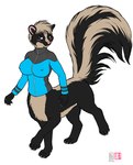 2012 bernard_doove big_breasts black_body black_fur blue_eyes blush bottomless breasts brown_body brown_fur brown_hair chakona_space clothed clothing darkwave_(star_phoenix) digitigrade female fur hair kacey mammal mammal_taur mephitid mephitid_taur nipple_outline pink_nose quadruped simple_background skunk skunk_taur solo tail taur third-party_edit white_background