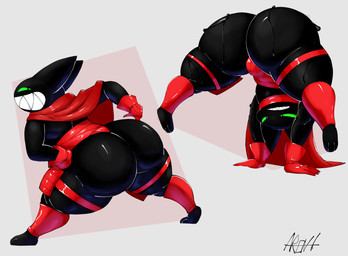 anthro big_butt black_body bodily_fluids bulge butt cape clothing green_eyes leg_armor male red_clothing shortstack shortstack_male simple_background solo sweat sweatdrop sweaty_butt tailless thick_thighs babyaren cartoon_network mao_mao:_heroes_of_pure_heart sheriff_mao_mao_mao domestic_cat felid feline felis mammal absurd_res hi_res