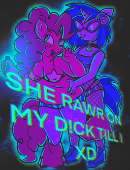 anthro belly bikini bikini_top black_background blush bottomwear bra clothing collar dancing duo eyewear female female/female fishnet_clothing fishnet_legwear footwear glowstick grinding horn hotpants leg_warmers legwear neon_lights nipple_outline party piercing rave rawr shoes shorts simple_background sneakers sports_bra sunglasses swimwear thong_straps two-piece_swimsuit underwear catponything friendship_is_magic hasbro my_little_pony mythology pinkie_pie_(mlp) vinyl_scratch_(mlp) earth_pony equid equine horse mammal mythological_creature mythological_equine pony unicorn hi_res