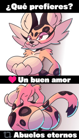 anthro big_breasts big_butt bite biting_lip breasts butt clothing countershading female fur huge_breasts huge_butt huge_thighs legwear makeup multicolored_body multicolored_fur simple_background smile solo text thick_thighs thigh_highs juanp1arts kirby_(series) kirby_and_the_forgotten_land nintendo clawroline felid feline leopard mammal pantherine hi_res meme spanish_text translated