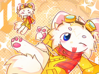 ambiguous_gender anthro blue_eyes blush bottomless bottomless_ambiguous bottomless_anthro clothed clothing coat digitigrade eyes_closed feet fingers laugh looking_at_viewer multiple_poses one_eye_closed open_mouth open_smile pawpads pose red_scarf scarf smile solo sparkles toes topwear yellow_clothing yellow_coat yellow_topwear whbullre pixile_studios super_animal_royale domestic_cat felid feline felis mammal 4:3 colored multiple_images orange_theme