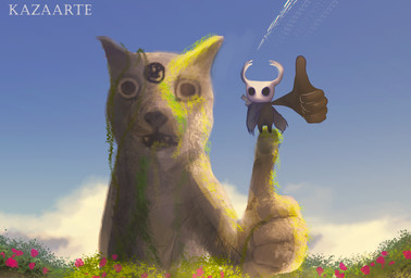 2_horns 5_fingers ambiguous_gender biped black_body black_eyes cloak clothed clothing cloud day empty_eyes fingers flower gesture hand_gesture horn melee_weapon nail_(weapon) outside plant red_flower sculpture sky solo standing statue text thumbs_up weapon weapon_on_back white_text kazaarte hollow_knight_(franchise) team_cherry the_knight_(hollow_knight) arthropod vessel_(species) 2026 absurd_res artist_name english_text hi_res
