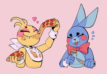 anthro beakless bib blue_body cutlery duo eating eyelashes eyes_closed fangs female food fork heart_symbol kitchen_utensils knife long_ears machine male pink_background pink_cheeks pizza simple_background smile teeth tools white_body yellow_body viceravermillion five_nights_at_freddy's five_nights_at_freddy's_2 scottgames toy_bonnie_(fnaf) toy_chica_(fnaf) animatronic avian bird chicken galliform lagomorph leporid mammal phasianid rabbit robot 2020 hi_res