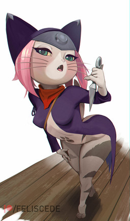 4_toes anthro barefoot breasts butt clothed clothing feet female hair holding_object kunai no_underwear pink_hair pink_nose plantigrade small_breasts solo toes weapon feliscede capcom monster_hunter monster_hunter_stories monster_hunter_stories_2:_wings_of_ruin tsukino_(monster_hunter_stories) domestic_cat felid feline felis felyne lynian mammal palico absurd_res digital_media_(artwork) hi_res shaded