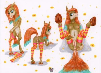 anthro anus breasts clothing dock_(anatomy) embarrassed female footwear genitals hooves looking_at_viewer looking_back lying nude on_back puffy_anus small_breasts smile smiling_at_viewer socks solo spread_legs spreading tail underhoof vulva young young_anthro young_female yogold sally_(yogold) equid equine horse mammal absurd_res hi_res