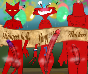 annoyed anthro ball_size_difference balloon balls big_balls blush bodily_fluids clothing comparing comparing_penis confusion contest darkened_genitalia erection genital_fluids genital_focus genitals glans group hat headgear headwear humanoid_genitalia humanoid_penis inflatable leaking_precum long_penis male male/male nipples party_hat penis penis_focus penis_size_difference precum sweat sweatdrop sweaty_balls sweaty_genitalia text trio vein veiny_penis illegaleel cartoon_network courage_the_cowardly_dog don't_hug_me_i'm_scared foster's_home_for_imaginary_friends katz_(courage_the_cowardly_dog) red_guy_(dhmis) wilt_(fhfif) felid imaginary_friend mammal crossover english_text hi_res