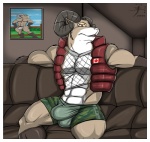 abs anthro bedroom_eyes biceps big_muscles biped black_clothing black_topwear border bottomwear bovid_horn brown_background brown_eyes bulge camo camo_print canada canadian_flag caprine_horn clothed clothing countershading curled_horn ear_piercing eyebrow_piercing facial_piercing fishnet_clothing fishnet_topwear front_view green_bottomwear green_clothing half-closed_eyes horn looking_at_viewer male maple_leaf muscular muscular_anthro muscular_male narrowed_eyes pecs piercing pose ram_horn red_outerwear seductive shirt shorts simple_background sitting skimpy solo spread_legs spreading thong topwear translucent translucent_clothing translucent_topwear underwear vest wall_art white_border aaron_(artist) rammy_aaron bighorn_sheep bovid caprine mammal sheep 2009 digital_media_(artwork) pinup portrait three-quarter_portrait