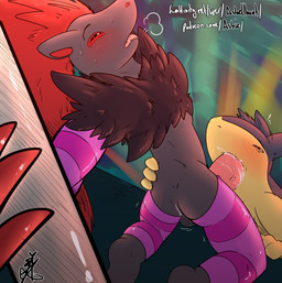ambiguous_gender anthro balls blush bodily_fluids clothing cum cum_in_mouth cum_inside cumshot dancing duo ejaculation eyes_closed fellatio femboy fur genital_fluids genitals holding_butt kneeling legwear male male/ambiguous open_mouth oral orgasm penile penis pole pole_dancing sex sigh simple_background stockings tapering_penis teeth tongue asbiearts conditional_dnp ole nintendo pokemon generation_2_pokemon generation_5_pokemon pokemon_(species) typhlosion zoroark 2019 hi_res