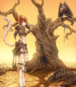 anthro armor clothed clothing day detailed_background digitigrade eyelashes female feral group gun hair midriff orange_hair plant ranged_weapon rattle_(anatomy) standing tree weapon fruitbloodmilkshake fallout microsoft raider_(fallout) tina_(lionel) accipitriform avian bird canid canine canis coyote domestic_cat felid feline felis hybrid mammal night_stalker_(fallout) pit_viper reptile scalie snake viper vulture hi_res