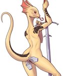 animal_genitalia anthro anus disembodied_hand female frill_(anatomy) genitals melee_weapon nude pussy red_eyes solo spread_pussy spreading sword tail tongue tongue_out weapon desert_avenger divinity_(series) lizard_(divinity) lizardman scalie hi_res