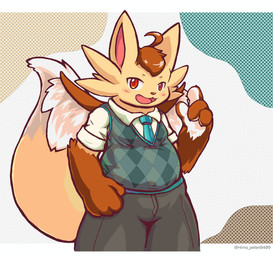 anthro big_ears bottomwear brown_body brown_fur brown_hair brown_nose clothed clothing facial_tuft fur furred_wings gesture hair hand_gesture hand_on_leg khaki_fur khaki_tail looking_at_viewer male navel necktie open_mouth orange_eyes pants pointing shirt smile solo standing topwear tuft uniform uniformed_male vest white_wings wings himo_peter0409 mythology himo canid canine chimera dragon fox furred_dragon furred_scalie mammal mythological_creature mythological_scalie scalie digital_media_(artwork) hi_res