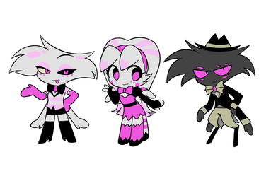 4_arms 4_legs chibi clothed clothing female group hat headgear headwear male multi_arm multi_eye multi_limb simple_background trio white_background enaic31 hazbin_hotel hellaverse angel_dust arackniss_(hazbin_hotel) molly_(hazbin_hotel) angel arachnid arthropod demon humanoid spider hi_res brother_(lore) brother_and_sister_(lore) brothers_(lore) sibling_(lore) sister_(lore)