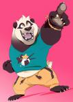 anthro barefoot black_nose bottomwear claws clothed clothing feet fur hat headgear headwear male pants pink_background simple_background solo super-tuler tairu bear giant_panda mammal hi_res