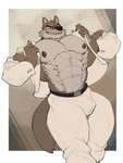 abs abstract_background anthro areola barazoku biceps big_muscles big_pecs black_eyes black_nose bottomwear brown_background brown_body brown_ears brown_fur brown_tail bulge clothed clothed_anthro clothed_male clothing crotch_tuft fluffy fluffy_tail fur happy huge_muscles hyper hyper_muscles long_tail looking_at_viewer male male_anthro manly mostly_nude mostly_nude_anthro mostly_nude_male multicolored_body multicolored_ears multicolored_fur muscular muscular_anthro muscular_male navel nipples pants pecs pose presenting_body sharp_teeth simple_background smile smiling_at_viewer solo standing suit tail tan_background tan_body tan_ears tan_fur teeth thick_thighs topless topless_anthro topless_male torn_clothing triceps tuft white_background yellow_sclera oldshep dreamworks the_bad_guys mr._wolf_(the_bad_guys) canid canine canis mammal wolf 2023 absurd_res detailed hi_res portrait