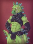 anthro bdsm bondage bound bulge clothing collar harness jockstrap latex male pose solo underwear rykeus dorje dinosaur ornithischian prehistoric_species reptile scalie stegosaurian stegosaurus thyreophoran