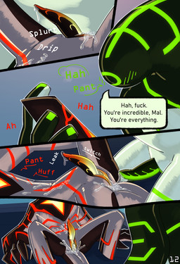1_eye 4_fingers black_body blue_background bodily_fluids breath circuit_markings countershading cum cum_drip cum_from_penis cum_from_vagina cum_in_vagina cum_inside cum_on_self dialogue dripping duo fingers genital_fluids genitals glistening glistening_body gradient_penis green_markings green_penis intersex leaking_cum light lying maleherm markings metallic_body not_furry on_back onomatopoeia overweight panting penis profanity pull_out red_markings silver_countershading simple_background size_difference sound_effects speech_bubble star_(marking) tail tapering_penis text white_body white_countershading lumen_fox ben_10 cartoon_network aether_(strawberryoverlord) fan_character malware_(ben_10) alien galvanic_mechamorph goo_creature comic english_text hi_res lighting shaded