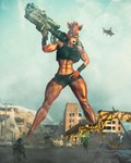 3d_(artwork) absurd_res animatronic anthro battle biceps big_breasts bottomwear breasts canid canine car clothed clothing crossgender destruction digital_media_(artwork) ear_piercing female five_nights_at_freddy's fox foxy_(fnaf) foxy_(psychojohn2) group gun hi_res machine macro mammal military muscular muscular_anthro muscular_female parovozik piercing poster ranged_weapon robot scottgames shorts soldier solo_focus standing tattoo town trio vehicle warrior weapon