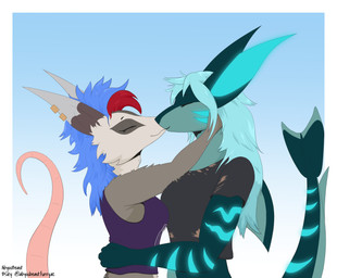 anthro blue_eyes blue_hair breasts clothing duo ear_piercing female female/female fin fur glowing glowing_markings grey_body grey_fur hair hairless_tail hug hugging_another inner_ear_fluff kissing markings piercing shark_tail shirt tank_top topwear tuft abysstheposs agnes_(abysstheposs) fish mammal marine marsupial shark white-eared_opossum 2024 colored digital_media_(artwork) hi_res