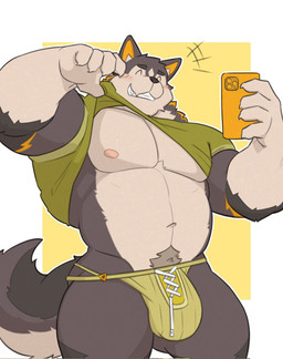 anthro barazoku blush body_hair bulge cellphone clothed clothing clothing_lift electronics eyes_closed football_jersey grin happy_trail jockstrap male musclegut muscular muscular_anthro muscular_male navel nipples pecs phone pube_peek pubes selfie shirt shirt_lift smartphone smile solo stocky tail topwear underwear v-cut malcom508 xxl_woofia famido_(xxl_woofia) canid canine canis domestic_dog husky mammal nordic_sled_dog spitz hi_res