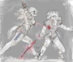 amazon anthro biped blood bodily_fluids clothed clothing crying duo female fencing fur gore hair killing melee_weapon ryona simple_background sword tears weapon white_body white_hair wounded frostgear170 canid canine canis mammal wolf digital_drawing_(artwork) digital_media_(artwork) sketch