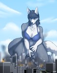 5_fingers anthro bottomwear bra breasts building city cleavage clothed clothing cloud destruction female fingers fire landscape_dwarfing looking_down macro sky skyscraper smoke solo tail topwear underwear gasmaskfox lara_(obser123) canid canine fox mammal 2022 absurd_res hi_res