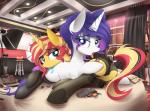 2017 absurd_res black_eyeshadow blue_eyeshadow bowl clothed clothing computer container cutie_mark digital_media_(artwork) duo electronics english_text equestria_girls equid equine eyelashes eyeshadow female feral friendship_is_magic furniture hair hasbro hi_res hooves horn inside laptop legwear looking_at_viewer makeup mammal multicolored_hair my_little_pony mythological_creature mythological_equine mythology nevobaster notebook open_mouth rarity_(mlp) stool sunset_shimmer_(eg) text tongue tongue_out two_tone_hair underwear unicorn url