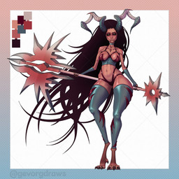 animal_feet big_breasts black_eyes border breasts clothed clothing curvy_figure dark_hair female hair horn long_hair looking_at_viewer not_furry red_body red_skin solo standing thick_thighs weapon wide_hips gevorgdraws demon demon_humanoid humanoid succubus 1:1 absurd_res hi_res watermark