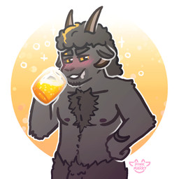 alcohol anthro beverage black_body black_fur black_hair blush bodily_fluids bubble chest_tuft drooling drunk drunk_bubble fur genitals hair hand_on_hip holding_beverage holding_object horn looking_at_viewer male nipples nude penis pubes saliva simple_background smile smiling_at_viewer smirk solo substance_intoxication tuft yellow_eyes pink_marky marcello_(boxedbread) bovid caprine goat mammal 1:1 hi_res