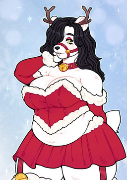 anthro armwear bell bell_collar belly big_breasts black_hair black_nose bottomwear breasts christmas_clothing clothing collar crop_top eyelashes female fur green_eyes hair holidays looking_away overweight red_armwear red_bottomwear red_clothing red_collar red_crop_top red_eyelids red_shirt red_skirt red_topwear round_ears shirt short_tail simple_background skirt solo tail thick_thighs topwear white_body white_fur szaris christmas bear mammal colored digital_drawing_(artwork) digital_media_(artwork) flat_colors hi_res signature