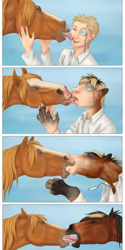 ambiguous_gender bestiality black_mane blonde_hair blonde_mane blue_background blue_eyes bodily_fluids brown_body brown_eyes clothed clothing duo extreme_french_kiss eyes_closed eyewear feral feral_on_feral french_kissing hair human_on_feral human_to_feral interspecies kissing licking licking_another licking_tongue male male/ambiguous mane monocle open_mouth open_smile orange_mane saliva short_hair simple_background smile species_transformation tan_body tan_skin tongue topwear transformation white_clothing white_topwear rufciu silao equid equine horse human mammal 2018 absurd_res comic dated hi_res sequence signature