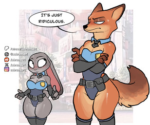 4_fingers abstract_background accessory anthro armwear belt big_breasts big_ears biped black_clothing black_gloves black_handwear blue_clothing blue_leotard blush blush_lines both_sexes_in_same_situation breasts brown_body brown_fur buckteeth clothed clothing crossdressing crossed_arms curvy_figure dialogue duo elbow_gloves eyebrows female femboy fingerless_gloves fingers floppy_ears fluffy fluffy_tail fur glistening glistening_body glistening_breasts glistening_fur glistening_legs glistening_thighs gloves grey_body grey_clothing grey_fur grey_legwear grey_thigh_highs handwear instagram_logo legwear leotard long_ears long_tail male multicolored_body multicolored_fur necktie orange_body orange_fur patreon_logo police police_officer police_uniform reddit_logo scut_tail short_tail snout standing strapless_clothing strapless_leotard tail teeth text thick_thighs thigh_highs three-quarter_view tiktok_logo two_tone_body two_tone_fur uniform voluptuous voluptuous_anthro voluptuous_female wide_hipped_anthro wide_hipped_female wide_hipped_male wide_hips x_logo aabramsart disney instagram patreon reddit tiktok x_(social_media) zootopia judy_hopps nick_wilde canid canine european_rabbit fox lagomorph leporid mammal oryctolagus rabbit red_fox true_fox 2026 artist_name digital_drawing_(artwork) digital_media_(artwork) english_text hi_res portrait three-quarter_portrait url watermark