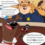 anthro big_cheeks chubby_cheeks countershading dialogue duo electronics heart_symbol interview male male/male microphone overweight overweight_male police talking_to_viewer text trashtoonz disney zootopia benjamin_clawhauser trashtoonz_(character) bear cheetah felid feline mammal 1:1 comic english_text hi_res