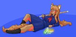 anthro big_breasts blue_background bottomwear breasts brown_body brown_fur brown_hair burning_eyes clothed clothing delinquent female footwear frown fur glowing glowing_eyes hair holding_object holding_weapon inner_ear_fluff looking_at_viewer lying markings on_side paws pose practice_sword red_markings red_stripes school_uniform shinai simple_background skirt socks solo spots spotted_hair striped_body striped_fur stripes sukeban tail_under_skirt tuft uniform weapon weapon_on_shoulder alyrise fireclaw_(character) gnoll hyena mammal spotted_hyena 2021 alternate_version_at_source signature