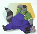 anthro barefoot belly big_belly biped bodily_fluids claws clothed clothing facial_markings farmer feet fur grey_body grey_fur hand_on_head head_markings hoe holding_object holding_tool male markings mask_(marking) moobs obese obese_anthro obese_male overalls overweight overweight_anthro overweight_male ring_(marking) ringed_tail sitting smile solo striped_markings striped_tail stripes sweat sweatdrop tail tail_markings thick_thighs toe_claws tools dralffeine mammal procyonid raccoon absurd_res hi_res