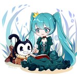 2022 alternate_costume bendy_and_the_ink_machine bendy_the_dancing_demon blue_clothing blue_dress blue_eyes blue_hair blue_nails book book_on_lap brown_clothing brown_footwear chibi clothing colored_nails crossover crown demon dress duo female footwear grin hair hatsune_miku headgear hi_res human long_dress lying male male/female mammal nails on_front open_mouth open_smile powderblue_lan puffy_sleeves smile tail twintails_(hairstyle) vocaloid