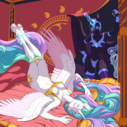 anthro ball_gag bdsm bed clothing duo female female/female furniture gag hooves horn sleeping underwear undressing wings gor1ck friendship_is_magic hasbro my_little_pony nyx_(pen_stroke) princess_celestia_(mlp) 1:1 absurd_res hi_res