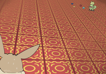 ambiguous_gender bean berry bodily_fluids brown_body brown_fur detailed_background duo feral floor food fruit fur green_body items looking_at_another markings neck_tuft orb pattern_background plant red_markings simple_background standing sweat tail tan_body tan_fur text tile tile_floor tuft yellow_markings boke_(artist) nintendo pokemon pokemon_mystery_dungeon spike_chunsoft shopkeeper_kecleon eevee generation_1_pokemon generation_3_pokemon kecleon pokemon_(species) 2018 artist_name