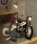 anthro barefoot biped blue_eyes breasts clothed clothing feet female garage hair kneeling mechanic motorcycle overalls overalls_only red_hair side_boob solo tomboy vehicle kaiven canid canine canis mammal wolf hi_res