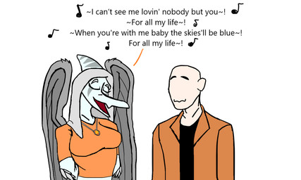 amber_(gem) amber_(material) anthro bald biped black_clothing black_shirt black_topwear bone_frill breasts canon_couple clothed clothed_anthro clothed_female clothed_human clothed_male clothing dialogue duo eyes_closed feathered_wings feathers female frill_(anatomy) front_view grey_body grey_feathers grey_hair grey_scales hair happy human_on_anthro interspecies jacket jewelry long_hair looking_at_another lyrics male male/female markings medium_breasts necklace non-mammal_breasts open_mouth open_smile orange_clothing orange_jacket orange_shirt orange_topwear romantic romantic_couple scales shirt simple_background singing smile standing striped_markings stripes text topwear white_background wings merp_(artist) cavemanon_studios goodbye_volcano_high ko_op_(game_developer) snoot_game anon_(snoot_game) fang_(gvh) human mammal prehistoric_species pterosaur reptile scalie colored english_text hi_res