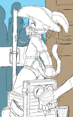 4_toes ambiguous_gender anthro armbinder arms_tied arms_together bdsm being_watched belt binder_(restraint) bondage bondage_gear bondage_gloves boots bound box brush brushing brushing_feet bucket captured claws clothed clothing collar container crate digit_ring discarded_boots discarded_clothing disembodied_hand eyes_closed faceless_ambiguous faceless_character feet footwear fully_bound fuzzy gag gagged group halter hands_behind_back handwear harness harness_gag hat headgear headwear helpless holding_brush holding_object humiliation jewelry kneeling leash leashed_collar legs_together looking_at_another male male/ambiguous mostly_offscreen_character motion_lines muzzle_(object) muzzled pantsless pole public public_humiliation public_use punishment restrained restrained_arms restrained_feet restrained_legs restraints ring shaking shoes silhouette solo_focus tail tickle_torture tickling tickling_feet toe_restraints toe_ring toes trapped trembling underwear whiskers wooden_stock ticklespots dreamworks puss_in_boots_(franchise) background_character puss_in_boots_(dreamworks) ambiguous_species domestic_cat felid feline felis mammal absurd_res hi_res monochrome sketch unfinished