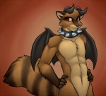 abstract_background anthro brown_body brown_fur collar collar_only fur gradient_background horn looking_at_viewer male markings membrane_(anatomy) membranous_wings muscular muscular_anthro muscular_male navel nude red_eyes ring_(marking) ringed_tail simple_background solo spiked_collar spikes striped_markings striped_tail stripes tail tail_markings wings lockworkorange darkmask demon hybrid mammal procyonid raccoon digital_media_(artwork) shaded