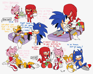 2_tails anal anal_penetration anthro bdsm birthday birthday_cake blindfold blush bodily_fluids bound cake candle caught_in_the_act clothing cum cum_on_face cumshot cunnilingus cutlery dessert dialogue dominant dominant_male dress duo eating eating_food ejaculation female fist flogger food footwear forced forced_cunnilingus fork fully_bound fully_restrained genital_fluids genitals gloves group hand_on_head handwear immobilization kitchen_utensils male male/female male/male male_penetrated male_penetrating male_penetrating_anthro male_penetrating_male mattress multi_tail open_mouth oral penetration penile penile_penetration penis penis_in_ass penis_on_face penis_size_difference presenting restrained_arms restrained_legs saliva_pool sex shoes size_difference submissive submissive_male sweat sweatdrop tail text tongue tongue_out tools trio vaginal pachi_rizuu sega sonic_the_hedgehog_(series) amy_rose knuckles_the_echidna miles_prower sonic_the_hedgehog canid canine echidna eulipotyphlan hedgehog mammal monotreme english_text hi_res