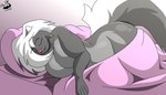 anthro bed big_breasts breasts female fur furniture grey_body grey_fur hair nude on_bed sleeping solo under_covers white_hair chrisandcompany kelsey_sienna mammal mephitid skunk 2021 7:4 absurd_res hi_res