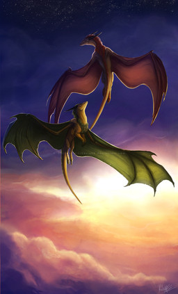 ambiguous_gender day duo feral flying horn membrane_(anatomy) membranous_wings outside sky star starry_sky sun tail twilight wings sythgara mythology dragon mythological_creature mythological_scalie scalie hi_res
