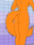 absurd_res anthro arm_tuft big_breasts breasts butt butt_shot canid canine canis coyote coyotebass digital_media_(artwork) elbow_tuft female fluffy fluffy_tail fur hi_res mammal nude orange_body shower simple_background solo tail thick_thighs tuft xanny_(coyotebass)