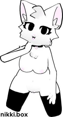 anthro big_breasts breasts clothing clothing_pull collar collar_only female genitals grabbing_collar heart_symbol looking_at_viewer nude sitting vulva nikkibox girlkisser hi_res