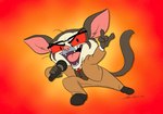 anthro claws clothed clothing electronics fangs fur looking_at_viewer male microphone open_mouth red_eyes simple_background smile solo teeth tongue topwear the_abbey_roadie aggretsuko sanrio masuo_ikari galago lorisoid mammal primate strepsirrhine 2023 digital_media_(artwork) hi_res