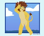 anthro blush brown_hair cloud countershading female flat_chested fur genitals green_eyes hair navel nude outside pose pussy sea sky solo water yellow_body yellow_fur young young_anthro young_female moordred keiko_sakmat felid lion mammal pantherine 2021 hi_res