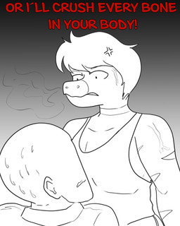 angry anthro bald biped bodily_fluids clothed clothed_anthro clothed_human clothed_male clothing cross-popping_vein dialogue dominant dominant_anthro dominant_male duo frown gradient_background hair looking_at_another male markings neck_markings nervous scared shirt short_hair simple_background smoke striped_markings stripes sweat sweatdrop talking_to_another tank_top text threatening threatening_violence topwear arsenic_iii cavemanon_studios goodbye_volcano_high snoot_game anon_(snoot_game) reed_(gvh) dinosaur dromaeosaurid human mammal prehistoric_species reptile saurischian scalie theropod velociraptor 2024 4:5 english_text greyscale hi_res monochrome
